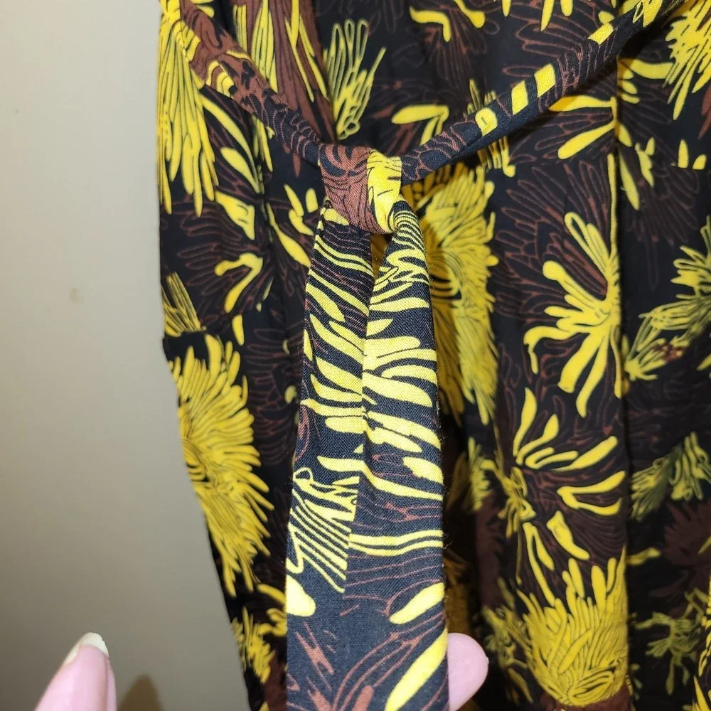 TAMSY Floral Midi Dress One Size Black Yellow‎ Brown Boho Tie Waist NWT